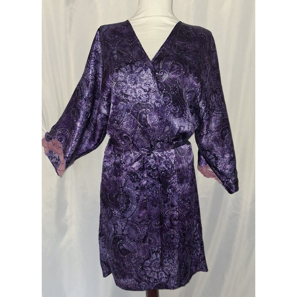 Vtg California Miss Dressing Gown Robe Kimono Purple paisley Pink lace Sz M